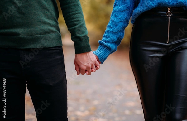Fototapeta A man and a woman are holding hands in an autumn or summer park in the daytime while walking. Close-up of a couple in love holding hands while walking. Selective focus