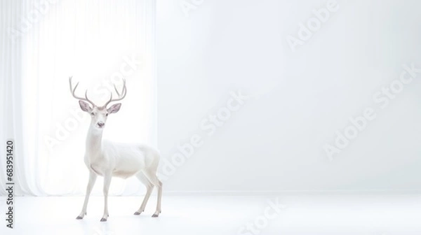 Fototapeta  a white stag standing in front of a window in a white room with white drapes on the windowsill.