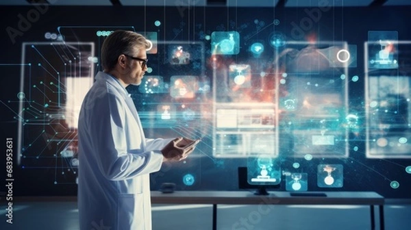 Fototapeta  a man in a lab coat standing in front of a computer screen with a lot of digital images on it.