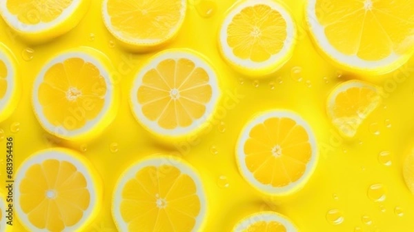 Fototapeta  a group of sliced lemons sitting on top of a yellow surface with drops of water on the top of them.