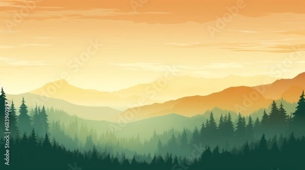 Fototapeta  a painting of a sunset over a mountain range with a forest in the foreground and trees in the foreground.