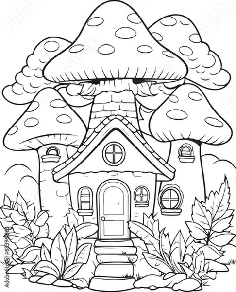 Obraz Mushroom coloring page. Mushroom coloring book page. Black and white mushroom outline. Mushroom house coloring page.