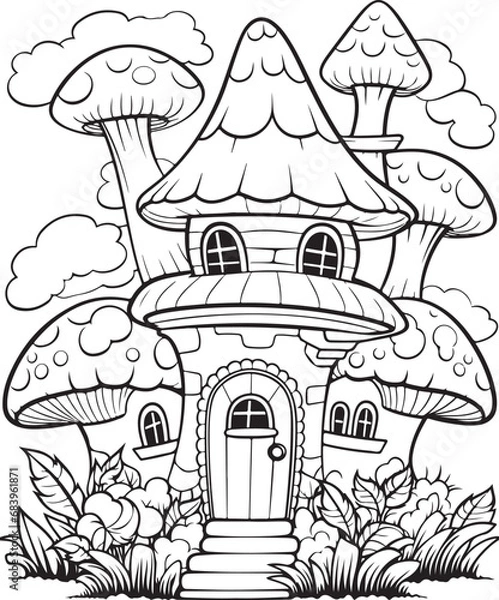 Obraz Mushroom coloring page. Mushroom coloring book page. Black and white mushroom outline. Mushroom house coloring page.