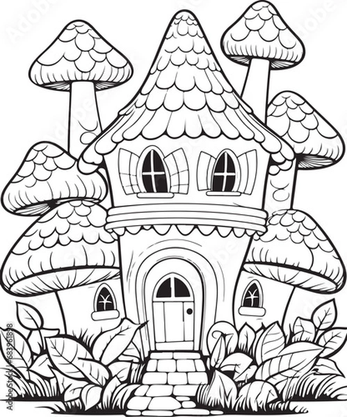 Obraz Mushroom coloring page. Mushroom coloring book page. Black and white mushroom outline. Mushroom house coloring page.