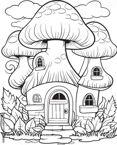 Obraz Mushroom coloring page. Mushroom coloring book page. Black and white mushroom outline. Mushroom house coloring page.