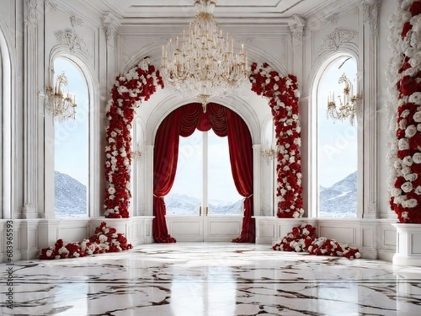 Fototapeta Marble room backdrop, red and white colors, chandelier with roses, fancy,  luxurious, arched doorway, white moldings, wedding backdrop, maternity backdrop