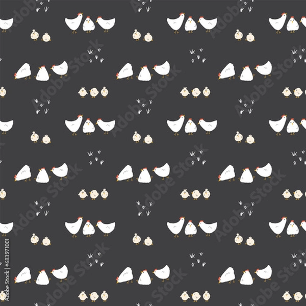 Fototapeta Cute Cartoon chicken and hen Seamless Pattern, Background vector Illustration