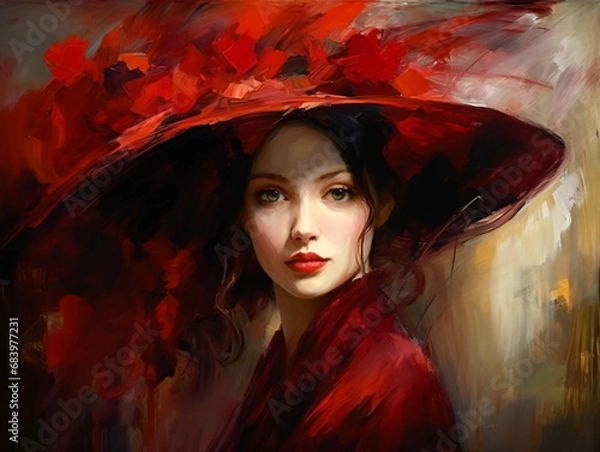 Fototapeta An oil painting portrait of a woman wearing a big red hat
