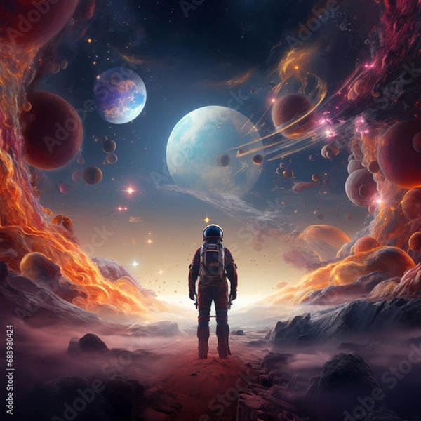 Fototapeta astronaut walking in colorful psychedelic planet environment space art landscape