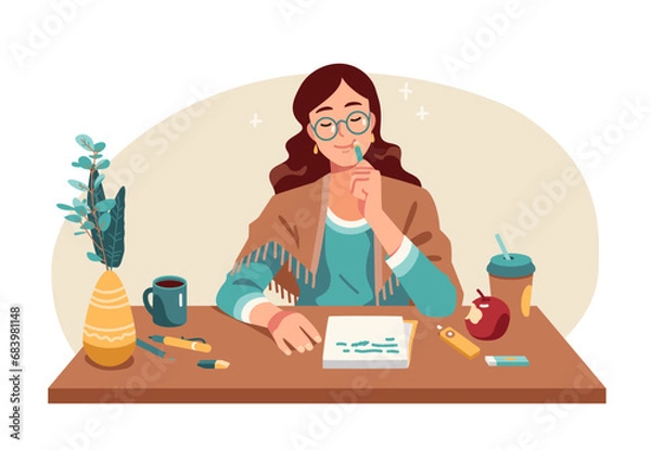 Fototapeta Writer woman working writing and making notes. Dreamy author or student person thinking, writing down creative ideas, thoughts on paper sheet at desk workplace. Creativity flat vector illustration