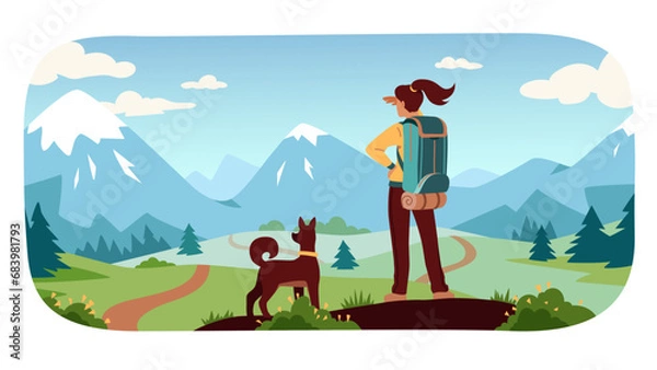 Obraz Woman hiking in nature on journey. Hiker person, traveler with backpack and dog pet looking at distant mountains enjoying scenic landscape view. Travel, tourism adventure flat vector illustration