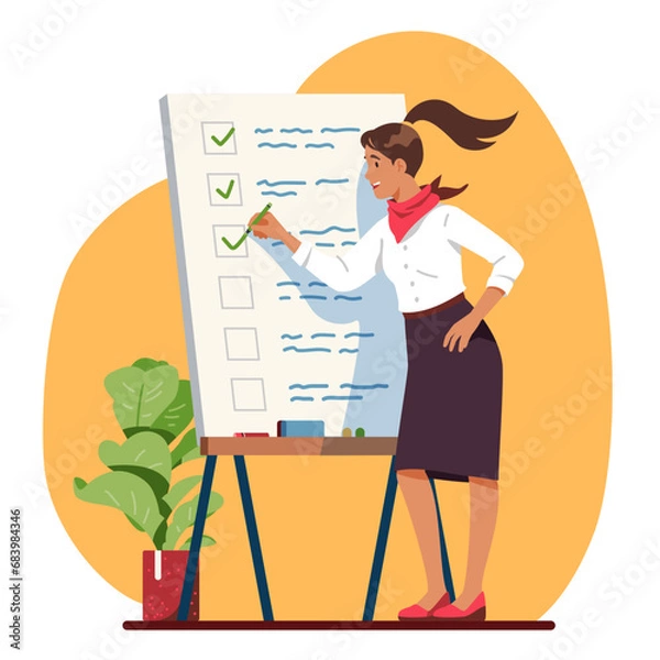 Fototapeta Business woman checking off tasks in checklist. Businesswoman person working writing check marks on plan form on whiteboard in office. Management, achievement concept flat vector illustration