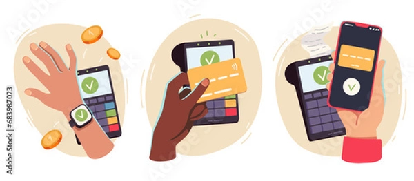 Obraz Contactless payment transaction technology set. Person hand buy paying with smartphone, smartwatch, card on POS terminal stickers. NFC mobile phone pay wireless device concept flat vector illustration
