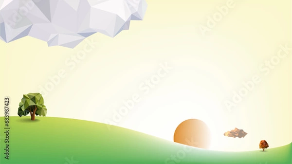 Fototapeta Landscape green grass background texture template, morning sunset freshy feeling concept, low poly diamond modelling and  meshing art design. vector