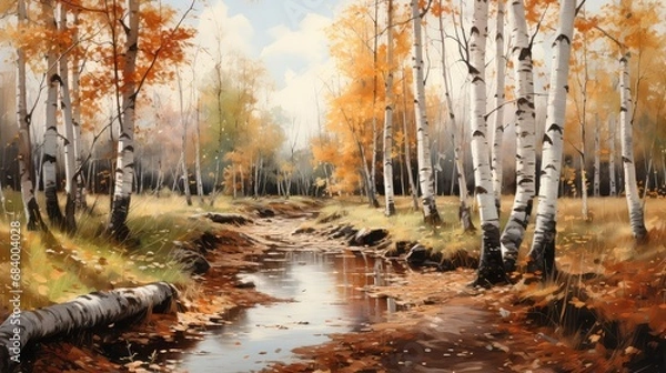 Obraz widok rzeki w zdłuż której rośnie rząd brzozowych drzew