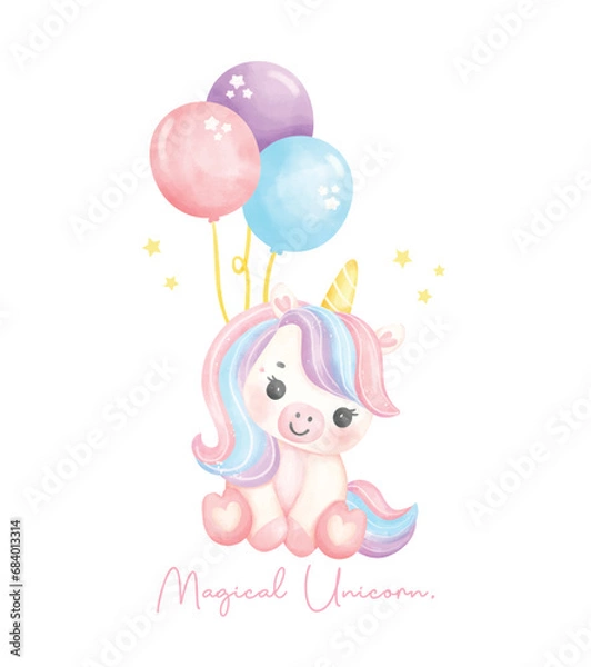 Fototapeta Cute unicorn with balloons watercolor nursery Art illustration. Magical Unicorn.