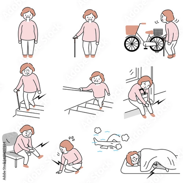 Obraz 変形性膝関節症の症状いろいろベクターイラストセット