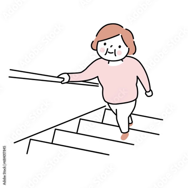 Obraz 手すりのついた階段を登る女性