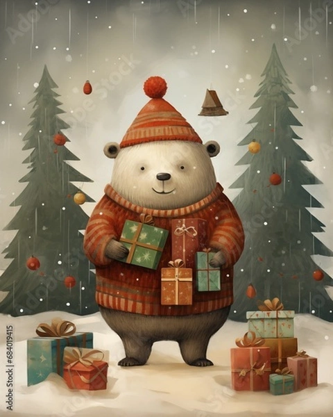 Obraz Illustration of a bear with warm clothes and winter hat holding Christmas presents, Christmas trees in the background. New Year's concept for greeting card.