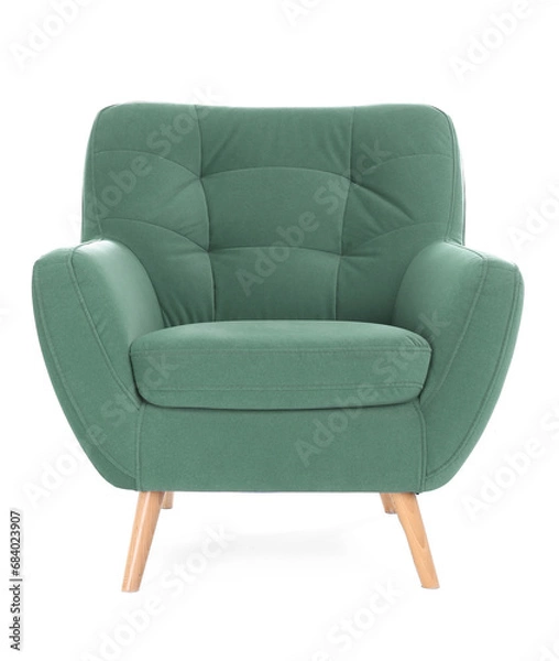 Fototapeta One comfortable viridian color armchair isolated on white