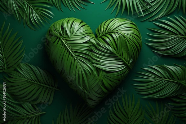 Fototapeta Tropical leaves are bent in a 3D heart shape on a green background with surrounding leaves