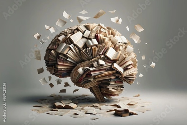Fototapeta Educational Poster Material, A Brain Made of Books Representing Learning, Intellectual Development, classroom education