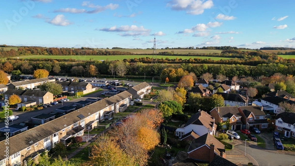 Obraz English Residential Area in Autumn, Aerial View from 120 Meters