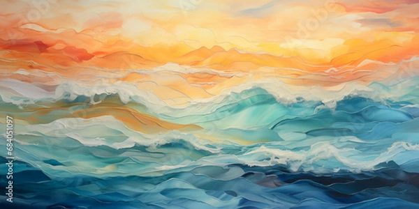 Fototapeta Sunset ocean wave blue, aqua, teal painting. Romantic golden hour sky, water waves banner graphic resource as background for seascape waves. Tropical beach vacation travel art by Vita for copy space