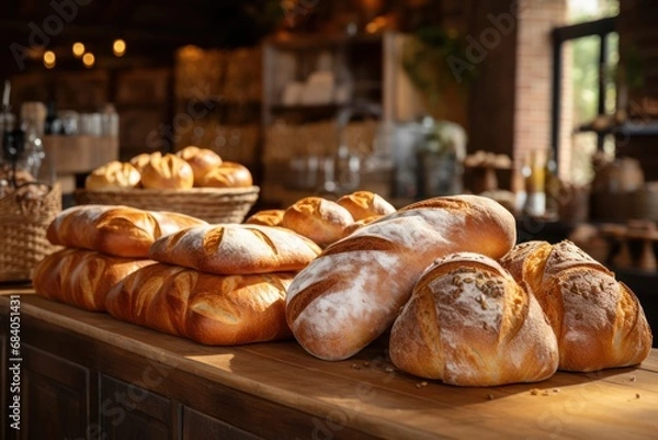 Fototapeta Delicious Assortment of Freshly Baked Bread on a Kitchen Counter Generative AI