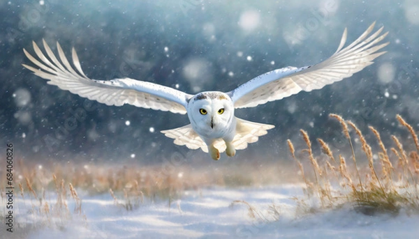 Fototapeta snowy owl in low flight in winter with snowfall