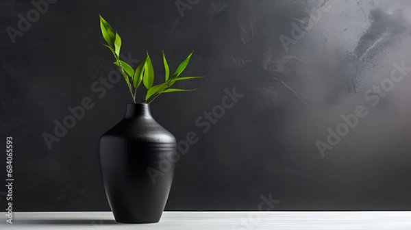 Fototapeta plant in vase black vase with plant on black table top white wall on background Ai generative