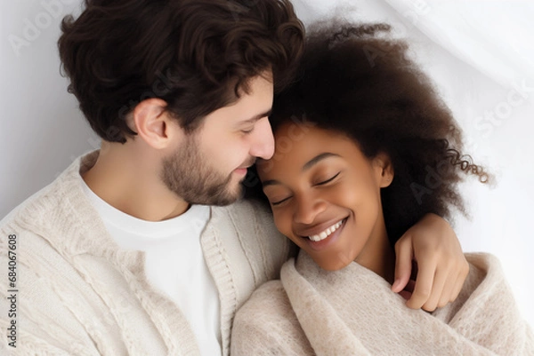 Fototapeta Close-Up Photo of a Loving Young Couple, Man and Woman of Different Nationalities, Against a Light Background, Radiating Tenderness and Happiness in a Captivating Display of Affection