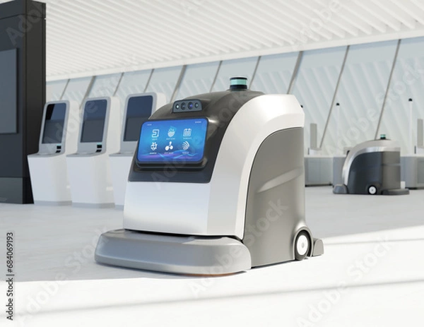 Fototapeta Autonomous Robot Cleaners Cleaning floor in the airport. Generic design. 3D rendering image. 
