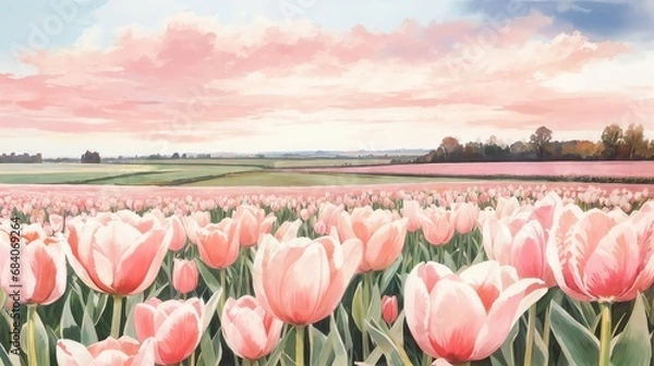 Fototapeta 水彩画背景_世界旅行_オランダ_チューリップ農園_01