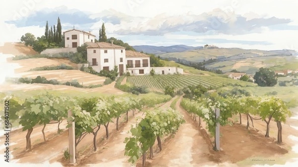 Obraz 水彩画背景_世界旅行_スペイン_田舎のブドウ畑_01