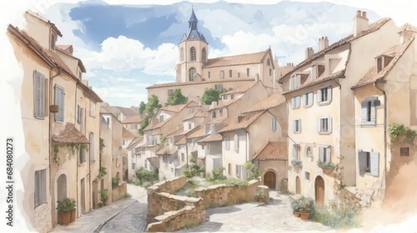 Fototapeta 水彩画背景_世界旅行_フランス_中世の街並み_02
