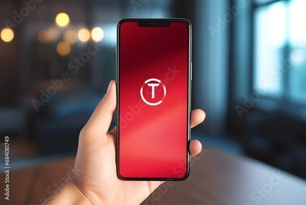 Fototapeta Happy Customer Holding T-Mobile Branded Red Phone with Smiling Face and Positive Feedback Generative AI