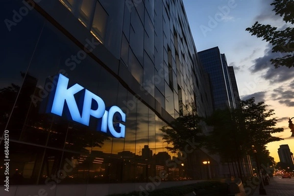 Fototapeta Kpig Sign Illuminated Against the Dusk Sky on a Building in Urban Area Generative AI