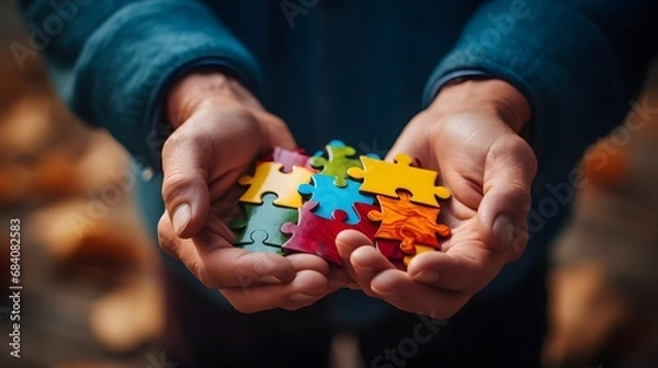 Obraz Frustrated Person Holding a Puzzle Piece with Many Missing Pieces on a Wooden Table Generative AI