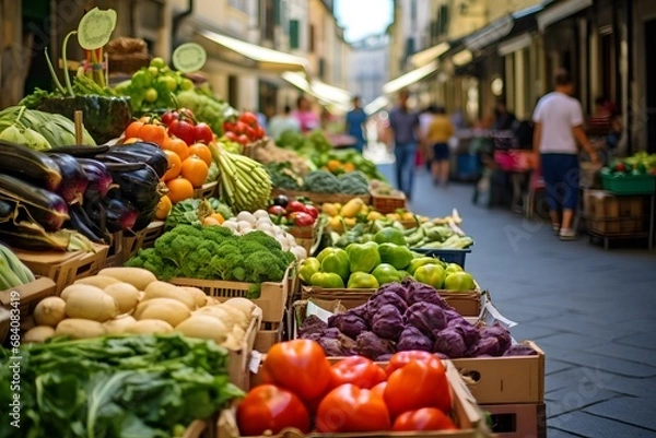 Fototapeta Fresh and Colorful Assortment of Seasonal Vegetables Displayed in Boxes on the Sidewalk Generative AI
