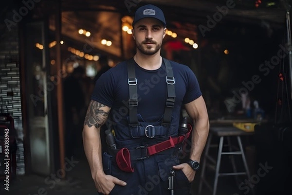 Fototapeta Confident man in blue shirt and black hat standing in a well-lit garage with tools and equipment in the background. Generative AI