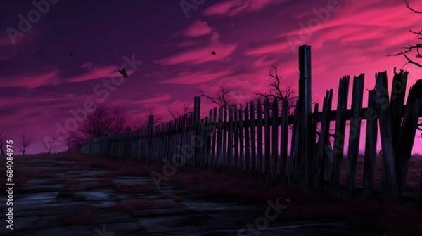 Fototapeta The image shows a black wooden fence with one contrast desk a dark blue sky in the background. Generative AI.