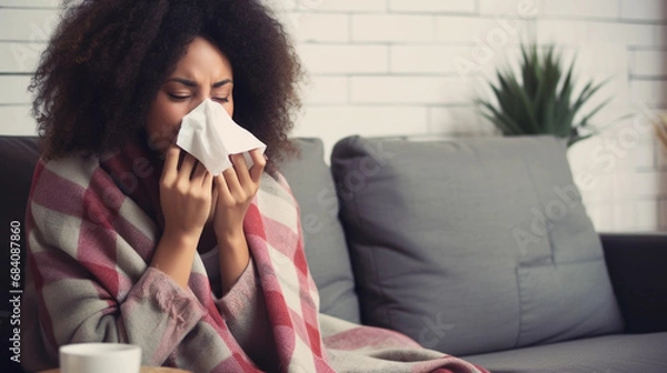 Fototapeta sick woman blowing his nose and coughing. ill with cold and angina flu. took day off and sits on sofa couch at home; sick woman blowing their nose while she sits on the couch at home.