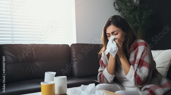 Fototapeta sick woman blowing his nose and coughing. ill with cold and angina flu. took day off and sits on sofa couch at home; sick woman blowing their nose while she sits on the couch at home.