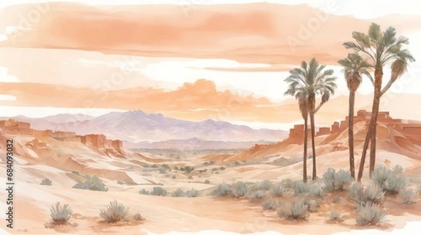 Obraz 水彩画背景_世界旅行_モロッコ_砂漠の景色_03