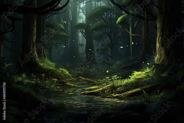 Obraz 霧に包まれた神秘的な森の風景イラスト