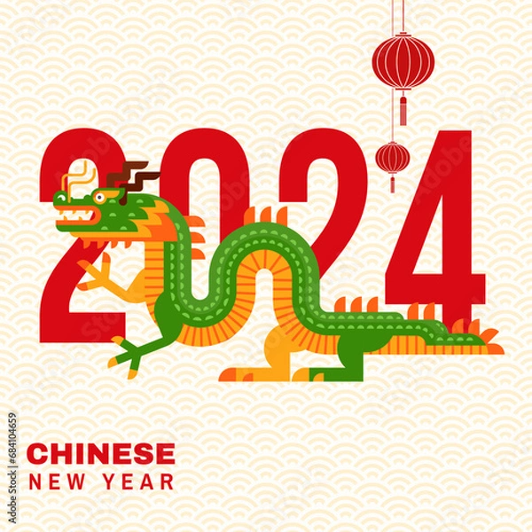 Fototapeta New Year s card template for the 2024 year of the dragon. Vector illustration. Vintage typography design with 2024 Chinese new year of dragon