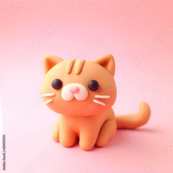 Obraz A cute ginger cat sitting made of clay on pink background