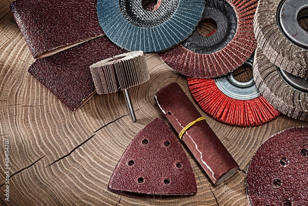 Obraz Abrasive Tools Set On Wood Background.