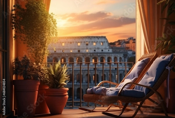 Fototapeta Landscape Scene of Colosseum at the sunset time, view from inside decorate home apartment, window and balcony view, holiday and tourist concept, Generative AI